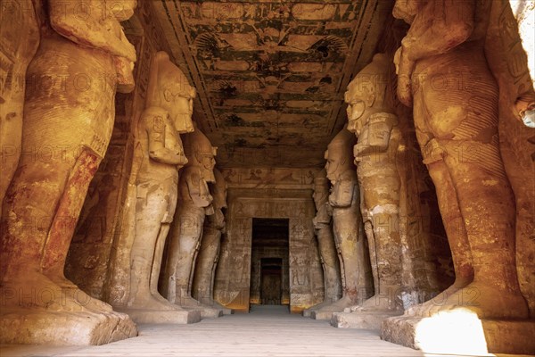 Interior with the sculptures of the pharaohs in the Abu Simbel Temple in southern Egypt in Nubia next to Lake Nasser. Temple of Pharaoh Ramses II