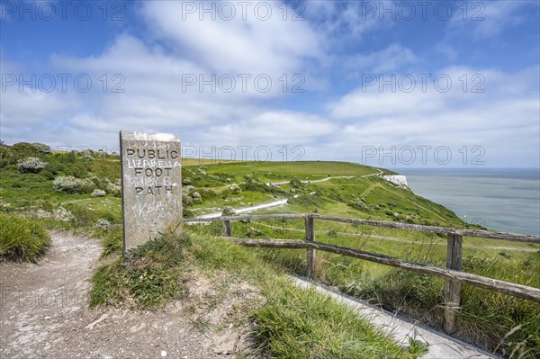 Footpath along the Dover Chalk Cliffs with stele and notice for Public Footpath