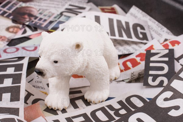 Polar bear on cut newspaper titles