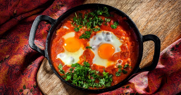 Shakshouka dish in a cast iron pan