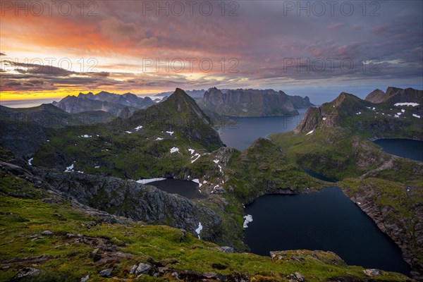 View of mountain landscape with lakes Litlforsvatnet and Tennesvatnet and fjord Forsfjorden