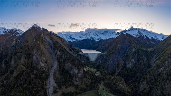 Aerial view of the Lago di Luzzone reservoir with the surrounding mountains in the Valle di Blenio