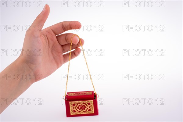 Hand holding The Holy Quran on a white background