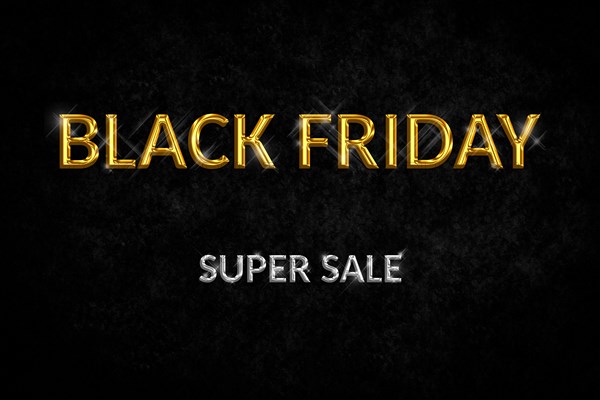 Black Friday Super Sale. Luxury dark textured background silver and golden text lettering. Horizontal banner
