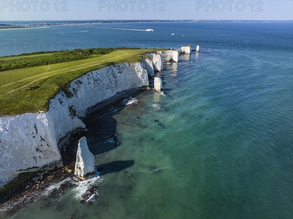 Aerial view of the chalk coast Old Harry Rocks