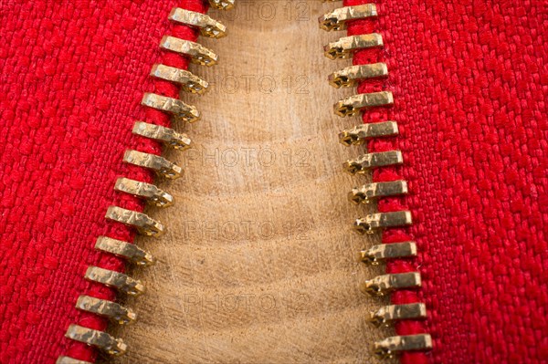 Closeup of a colorful zipper with metal teeth