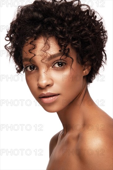 African American skincare models with perfect skin and curly hair. Beauty spa treatment concept