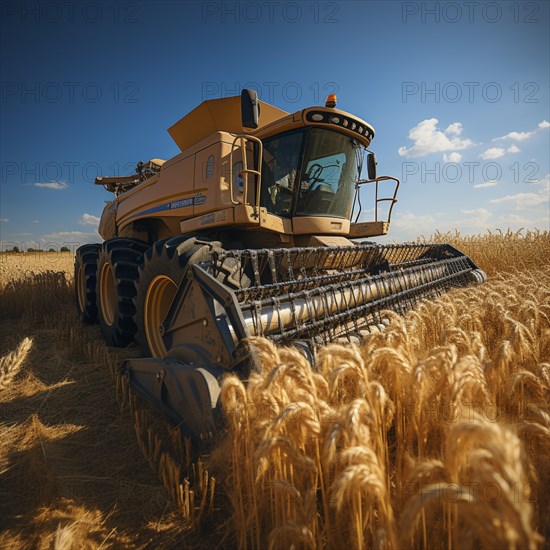 A combine harvester cuts the grain in a field