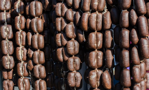 Traditional Turkish style dried sausages in view