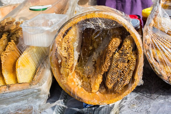 Sweet fresh honey in the sealed comb frame