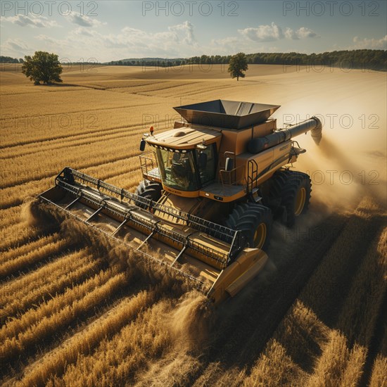 A combine harvester cuts the grain in a field