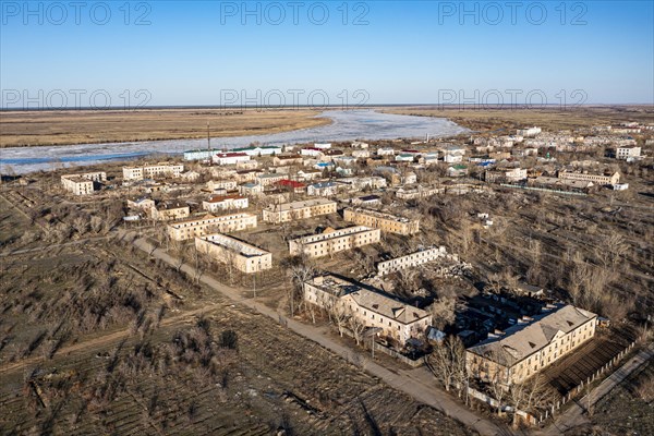 Aerial of collapsed buildings in Kurchatov