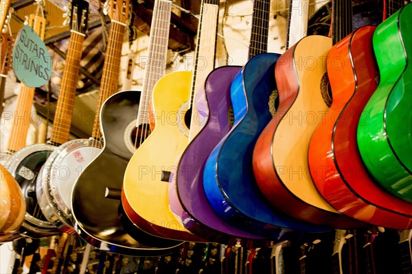 Set of Colorful classical guitar models in view