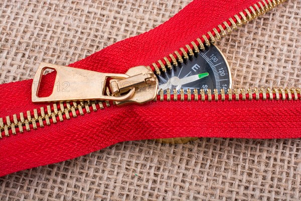 Compass is placed under a red zipper