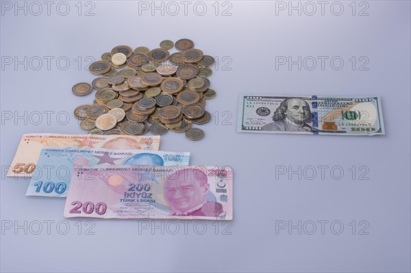 American dollar and Turksh Lira banknotes and coins side by side