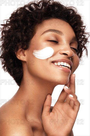 African American skincare models with perfect skin and curly hair. Beauty spa treatment concept