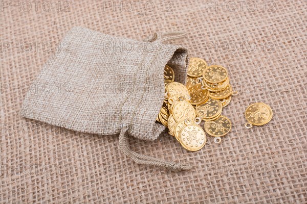 Fake gold coins out of a little sack on canvas