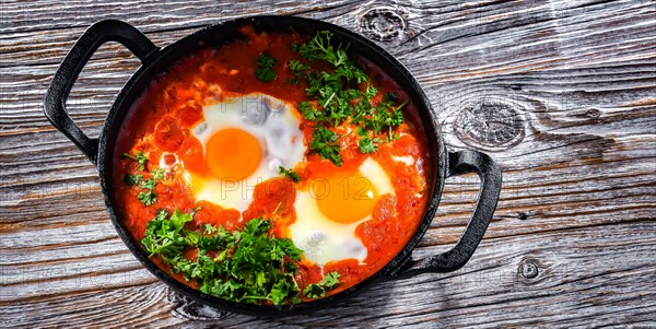 Shakshouka dish in a cast iron pan