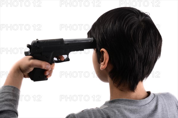 Pointing head with gun in hand on a white background