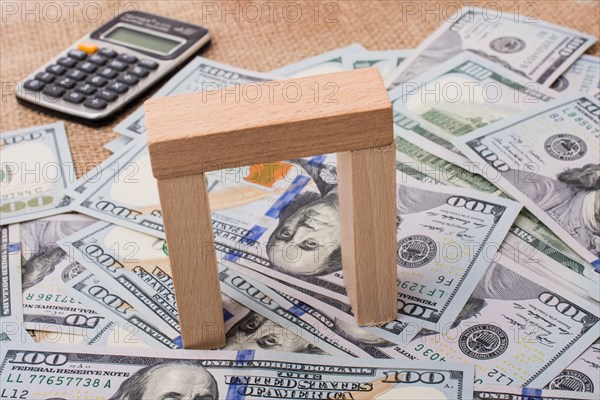 Wooden building blocks placed on spread US dollar Banknotes