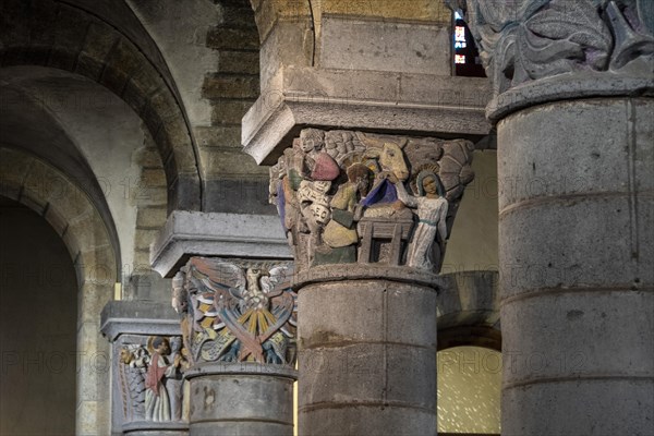 La Bourboule. Capitals of St Joseph church sculpted in 1941 by Henri Charlier. Puy de Dome department. Auvergne Volcanoes Natural Regional Park