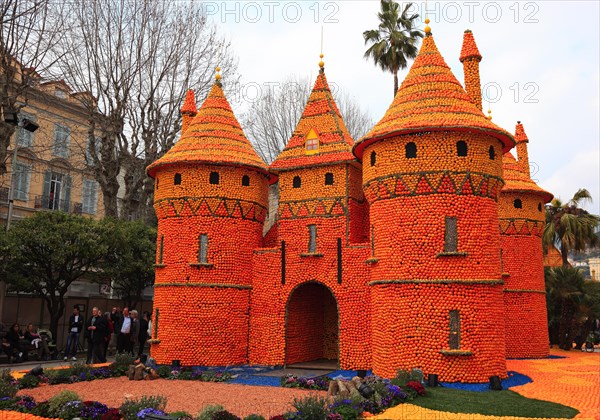 Replica of a castle made of lemons and oranges