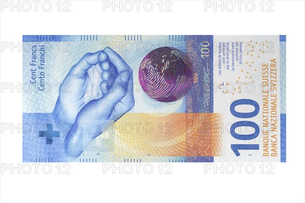 One hundred swiss franc banknote on a white background