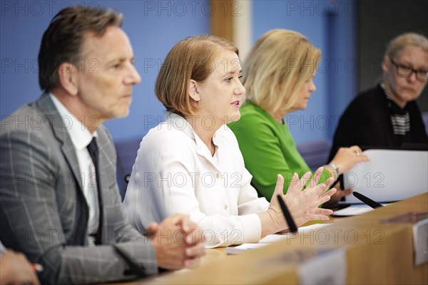 (L-R) Holger Muench, President of the Federal Criminal Police Office (BKA), Lisa Paus, Federal Minister for Family Affairs, Senior Citizens, Women and Youth, and Nancy Faeser, Federal Minister of the Interior and Home Affairs, recorded at the Federal Press Conference on the topic of the situation report on domestic violence and the launch of the LeSuBia study. Berlin, 11.07.2023., Berlin, Germany, Europe
