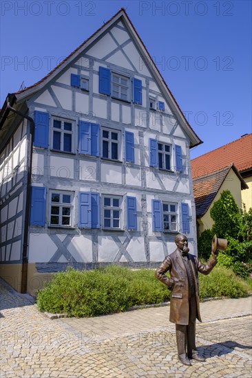 Bronze sculpture of Levi Strauss in front of his birthplace