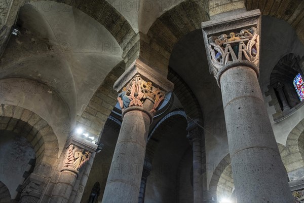 La Bourboule. Capitals of St Joseph church sculpted in 1941 by Henri Charlier. Puy de Dome department. Auvergne Volcanoes Natural Regional Park