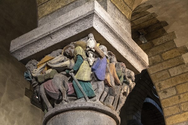 La Bourboule. Capitals of St Joseph church sculpted in 1941 by Henri Charlier. Puy de Dome department. Auvergne Volcanoes Natural Regional Park