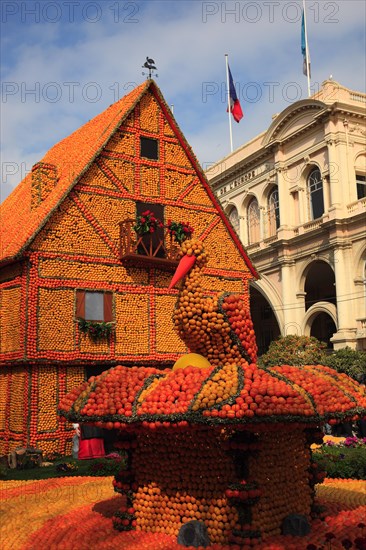 Half-timbered house and stork's nest with stork