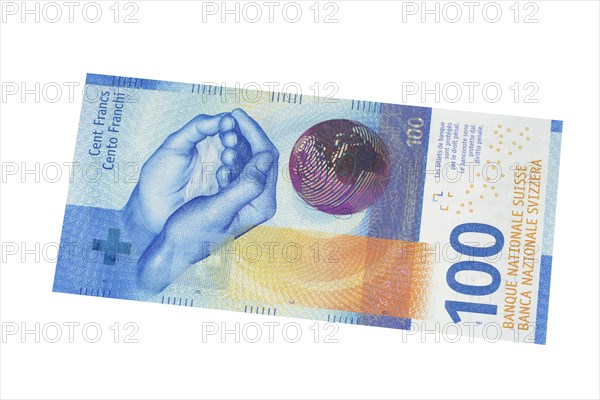 One hundred swiss franc banknote on a white background