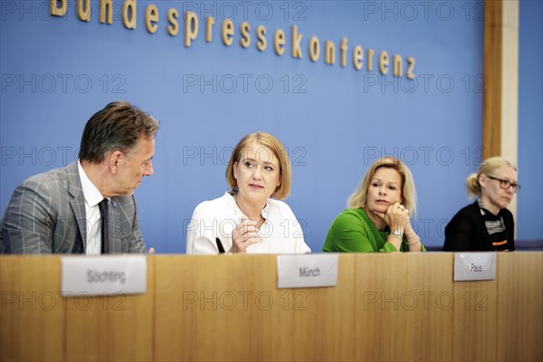 (L-R) Holger Muench, President of the Federal Criminal Police Office (BKA), Lisa Paus, Federal Minister for Family Affairs, Senior Citizens, Women and Youth, and Nancy Faeser, Federal Minister of the Interior and Home Affairs, recorded at the Federal Press Conference on the topic of the situation report on domestic violence and the launch of the LeSuBia study. Berlin, 11.07.2023., Berlin, Germany, Europe