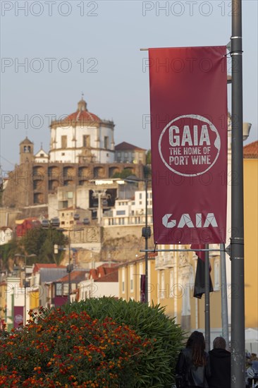 Flag advertising Gaia and port wine on the Cais de Gaia waterfront