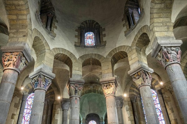 La Bourboule. Capitals of St Joseph church sculpted in 1941 by Henri Charlier. Puy de Dome department. Auvergne Volcanoes Natural Regional Park