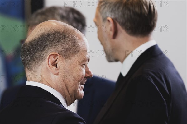 (L-R) Olaf Scholz (SPD), Federal Chancellor, and Christian Lindner (FDP), Federal Minister of Finance, photographed during the weekly meeting of the Cabinet at the Federal Chancellery in Berlin, 05.07.2023. The Cabinet intends to adopt the draft for the 2024 federal budget at this meeting, Berlin, Germany, Europe