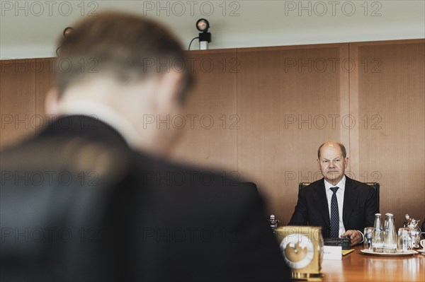 (R-L) Olaf Scholz (SPD), Federal Chancellor, and Christian Lindner (FDP), Federal Minister of Finance, photographed during the weekly meeting of the Cabinet at the Federal Chancellery in Berlin, 05.07.2023. The Cabinet intends to adopt the draft for the 2024 federal budget at this meeting, Berlin, Germany, Europe