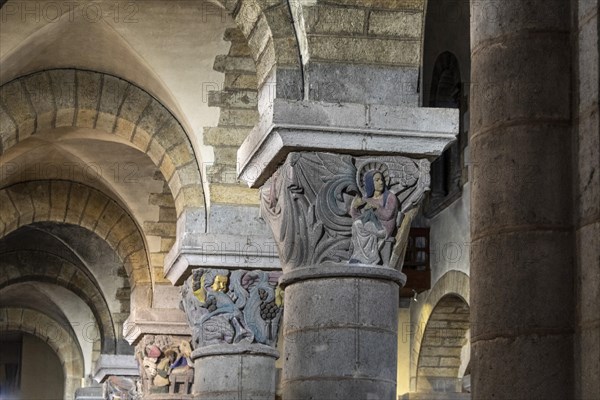 La Bourboule. Capitals of St Joseph church sculpted in 1941 by Henri Charlier. Puy de Dome department. Auvergne Volcanoes Natural Regional Park