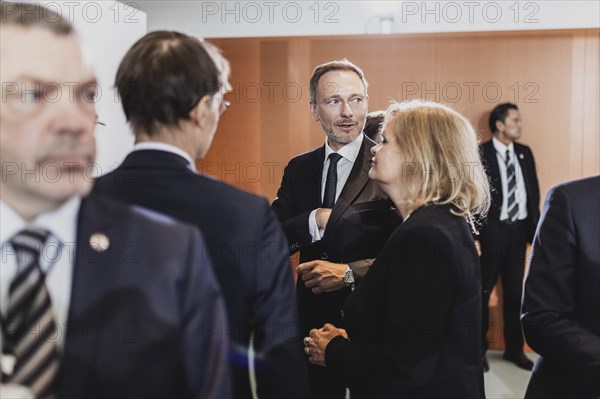 (R-L) Nancy Faeser (SPD), Federal Minister of the Interior and Home Affairs, Christian Lindner (FDP), Federal Minister of Finance, and Karl Lauterbach (SPD), Federal Minister of Health, photographed during the weekly meeting of the Cabinet at the Federal Chancellery in Berlin, 05.07.2023. The Cabinet intends to adopt the draft for the 2024 federal budget at this meeting, Berlin, Germany, Europe