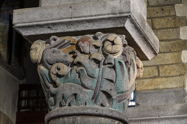 La Bourboule. Capitals of St Joseph church sculpted in 1941 by Henri Charlier. Puy de Dome department. Auvergne Volcanoes Natural Regional Park