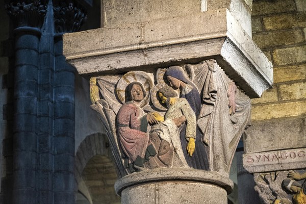 La Bourboule. Capitals of St Joseph church sculpted in 1941 by Henri Charlier. Puy de Dome department. Auvergne Volcanoes Natural Regional Park