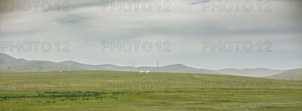 Two yurts standing in the steppe near Nalaikh. Nalaikh