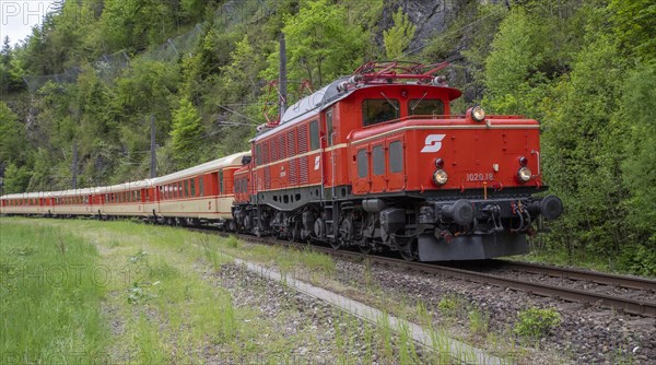 Suedbahnexpress with OeBB electric locomotive 1020 on the Kronprinzrudolfbahn in the Gesaeuse