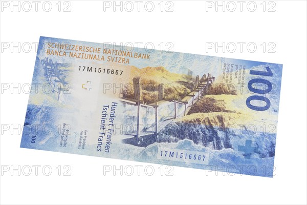 One hundred swiss franc banknote on a white background