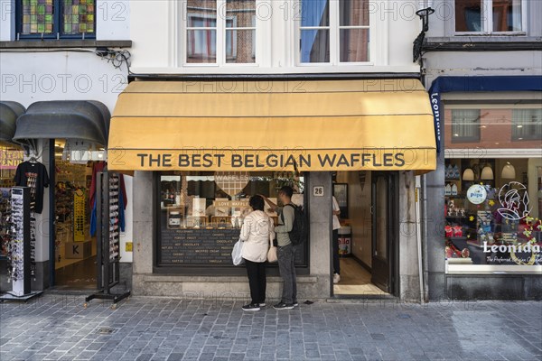 Confectionery shop for traditional Belgian waffles in the old town of Bruges