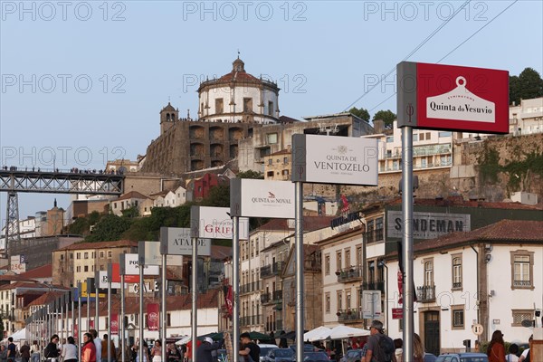 Flags with logos of port wineries on the waterfront Cais de Gaia