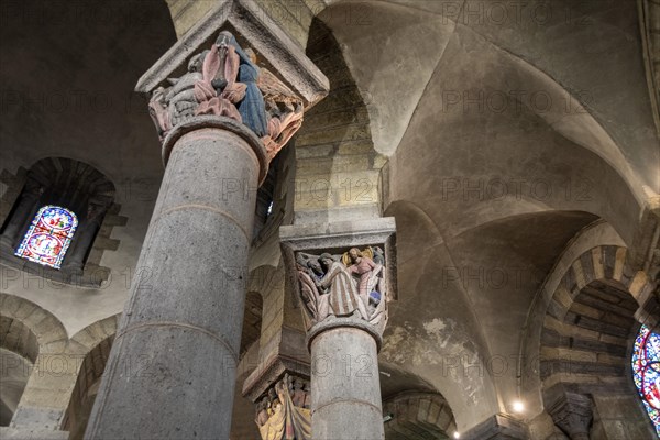 La Bourboule. Capitals of St Joseph church sculpted in 1941 by Henri Charlier. Puy de Dome department. Auvergne Volcanoes Natural Regional Park