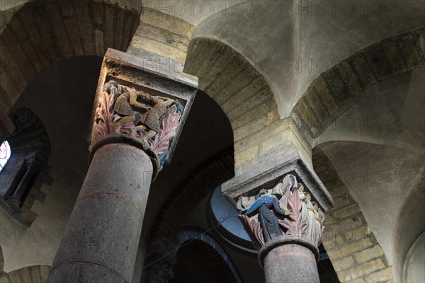 La Bourboule. Capitals of St Joseph church sculpted in 1941 by Henri Charlier. Puy de Dome department. Auvergne Volcanoes Natural Regional Park