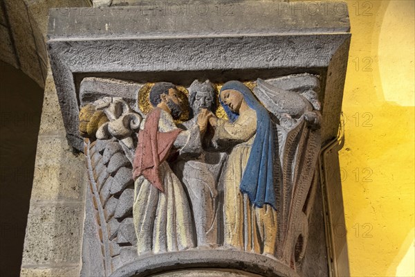 La Bourboule. Capitals of St Joseph church sculpted in 1941 by Henri Charlier. Puy de Dome department. Auvergne Volcanoes Natural Regional Park